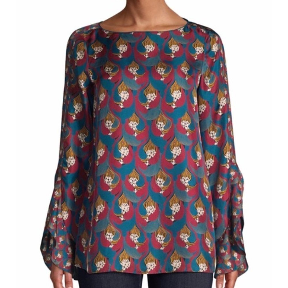 100% Silk Emory Blouse Lafayette 148 New York Print Bell Sleeve Ruffle Boho